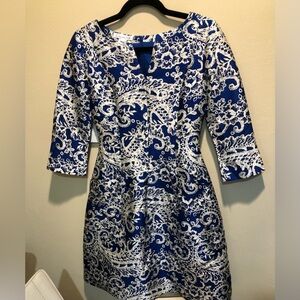 Oscar de la Renta Blue and White Long Sleeve Paisley Jacquard Silk Dress